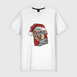 Футболка slim-fit Pug merry christmas, цвет: белый