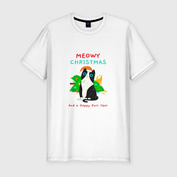 Мужская slim-футболка Meowy christmas and a happy purr year holiday