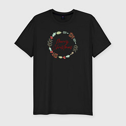 Мужская slim-футболка Merry Christmas с веточками и ягодами
