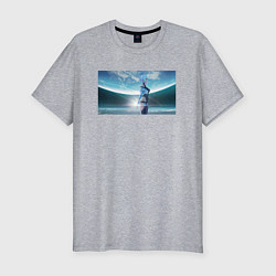 Мужская slim-футболка Люси на фоне луны - аниме Киберпанк