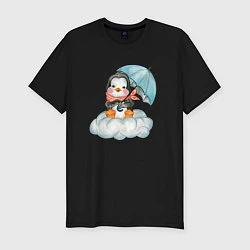 Футболка slim-fit Пингвин на облаке с зонтом, цвет: черный