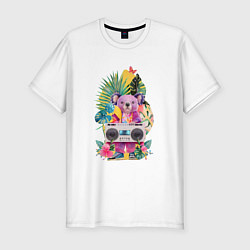 Футболка slim-fit Розовая коала с бумбоксом и тропическими листьями, цвет: белый