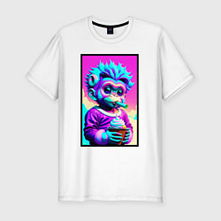 Мужская slim-футболка Маленькая обезьянка ест мороженное в стиле Dreamwa