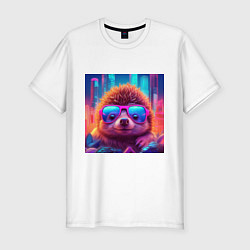Футболка slim-fit Ежик в очках на фоне неонового города, цвет: белый