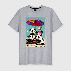 Футболка slim-fit Три панды под цветным зонтиком, цвет: меланж