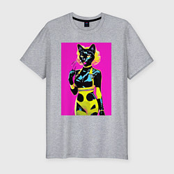 Футболка slim-fit Black cat - fashionista - pop art - neural network, цвет: меланж