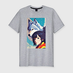 Мужская slim-футболка Girl and wolf - anime - neural network -art