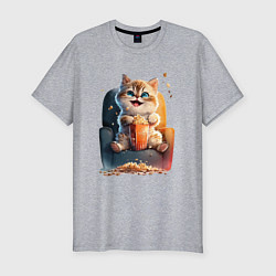 Мужская slim-футболка Веселый котик с попкорном