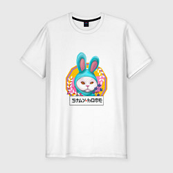 Мужская slim-футболка Кот в костюме кролика оставайся дома