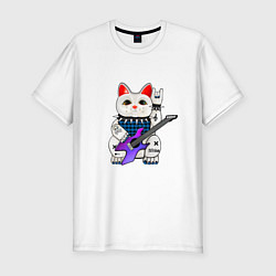 Футболка slim-fit Японский кот нэко с гитарой, цвет: белый