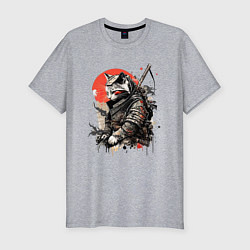 Футболка slim-fit Японский самурай - кот, цвет: меланж