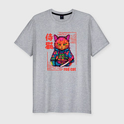 Футболка slim-fit Кот в японском стиле - самурай, цвет: меланж