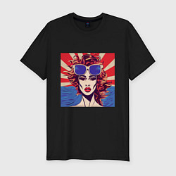 Футболка slim-fit Девушка в солнечных очках на фоне океана в стиле п, цвет: черный