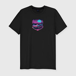 Футболка slim-fit Гоночная машина и пальмы в пурпурном свечении, цвет: черный
