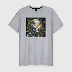 Мужская slim-футболка Киборг с треснувшей головой и растениями