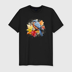 Футболка slim-fit Птичка и осенние листья, цвет: черный