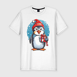 Футболка slim-fit Пингвин с новогодним подарком, цвет: белый