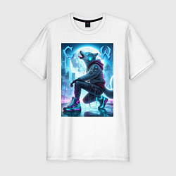 Футболка slim-fit Cyber wolf in metropolis - ai art, цвет: белый