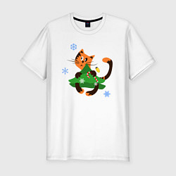 Мужская slim-футболка Кот на елке