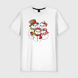 Футболка slim-fit Снеговики семья, цвет: белый