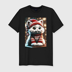 Футболка slim-fit Котик в новогоднем свитере, цвет: черный