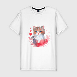 Футболка slim-fit Милая кошка с красными сердечками, цвет: белый