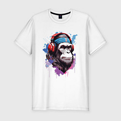 Футболка slim-fit Шимпанзе в наушниках, цвет: белый