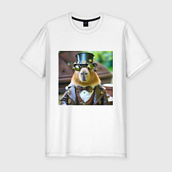Футболка slim-fit Мем капибара в стиле стимпанк в очках и шляпе, цвет: белый