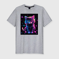 Мужская slim-футболка Неоновый котенок на черном фоне