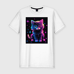 Мужская slim-футболка Неоновый котенок на черном фоне