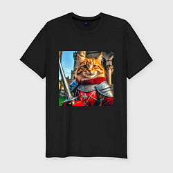 Футболка slim-fit Рыжий кот рыцарь с мечом, цвет: черный