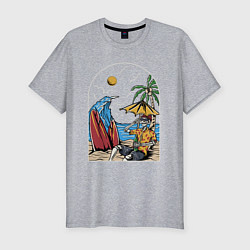 Мужская slim-футболка Скелет на отдыхе под пальмой