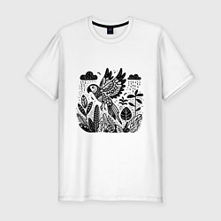 Футболка slim-fit Летящий попугай и растения, цвет: белый