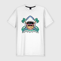 Мужская slim-футболка Акула скелет и пальмы