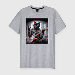 Мужская slim-футболка Чёрный котяра рок гитарист