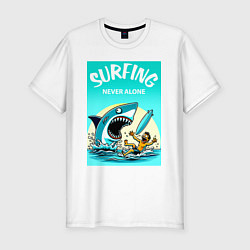 Футболка slim-fit Surfing never alone - shark and surfer, цвет: белый