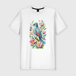 Футболка slim-fit Красивая голубая птица среди цветов, цвет: белый