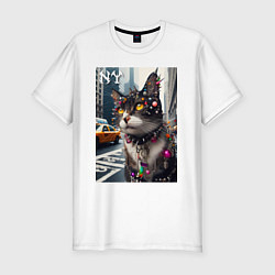 Футболка slim-fit Пирсинг Нью-Йоркского кота - нейросеть, цвет: белый