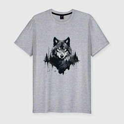 Мужская slim-футболка Волк и лес