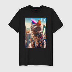 Футболка slim-fit Funny cat punk from New York - ai art, цвет: черный