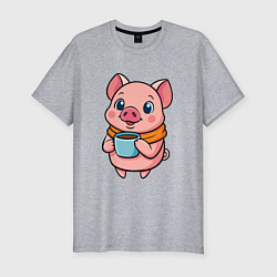 Футболка slim-fit Поросенок пьет кофе, цвет: меланж