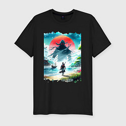 Мужская slim-футболка Призрак Цусимы - самурай на берегу озера