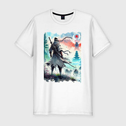 Футболка slim-fit Warrior samurai - ai art watercolor, цвет: белый