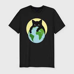 Футболка slim-fit Котик, обнимающий землю в космосе, цвет: черный