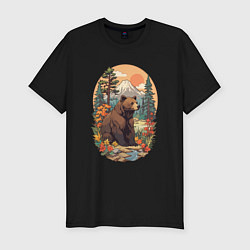 Футболка slim-fit Медведь в лесу на фоне гор, цвет: черный