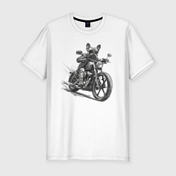 Футболка slim-fit Французский бульдог байкер на мотоцикле чоппере, цвет: белый