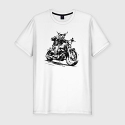 Футболка slim-fit Бык байкер на мотоцикле чоппере или корова, цвет: белый