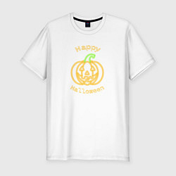 Футболка slim-fit Счастливого Хэллоуина неоновая тыква, цвет: белый