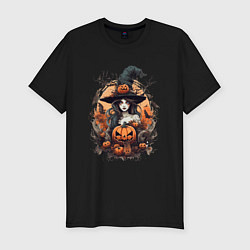 Футболка slim-fit Колдунья с тыквами, цвет: черный