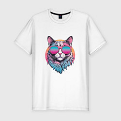 Футболка slim-fit Ретро кот в розовых солнечных очках Vaporwave, цвет: белый